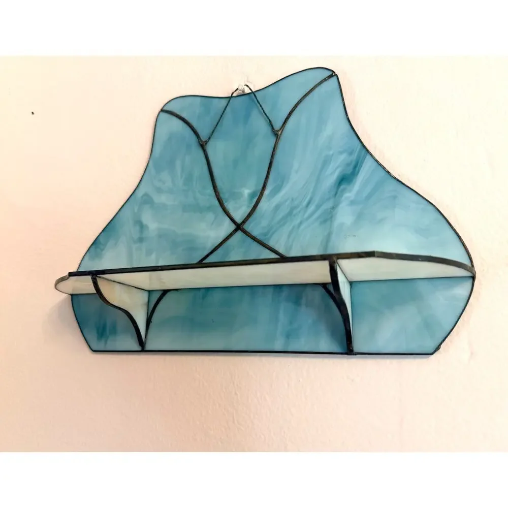 Handmade Blue and Pink Stained Glass Wall Shelf Tiffany Style 12in Curio Ledge